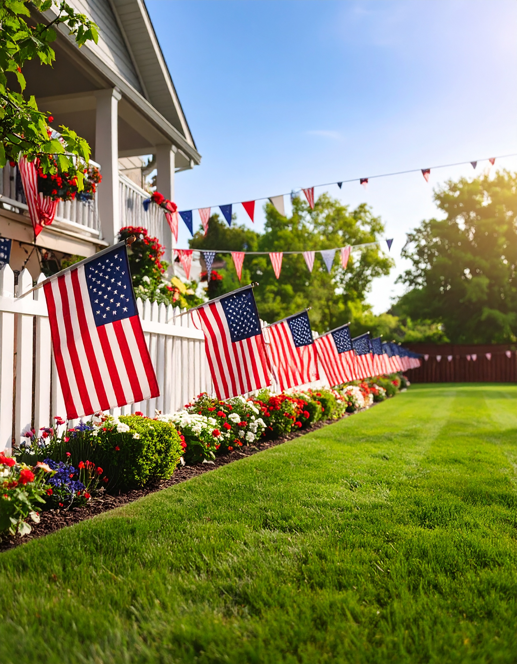Firefly_A beautifully maintained residential front yard in Chicago decorated for Independence 851602
