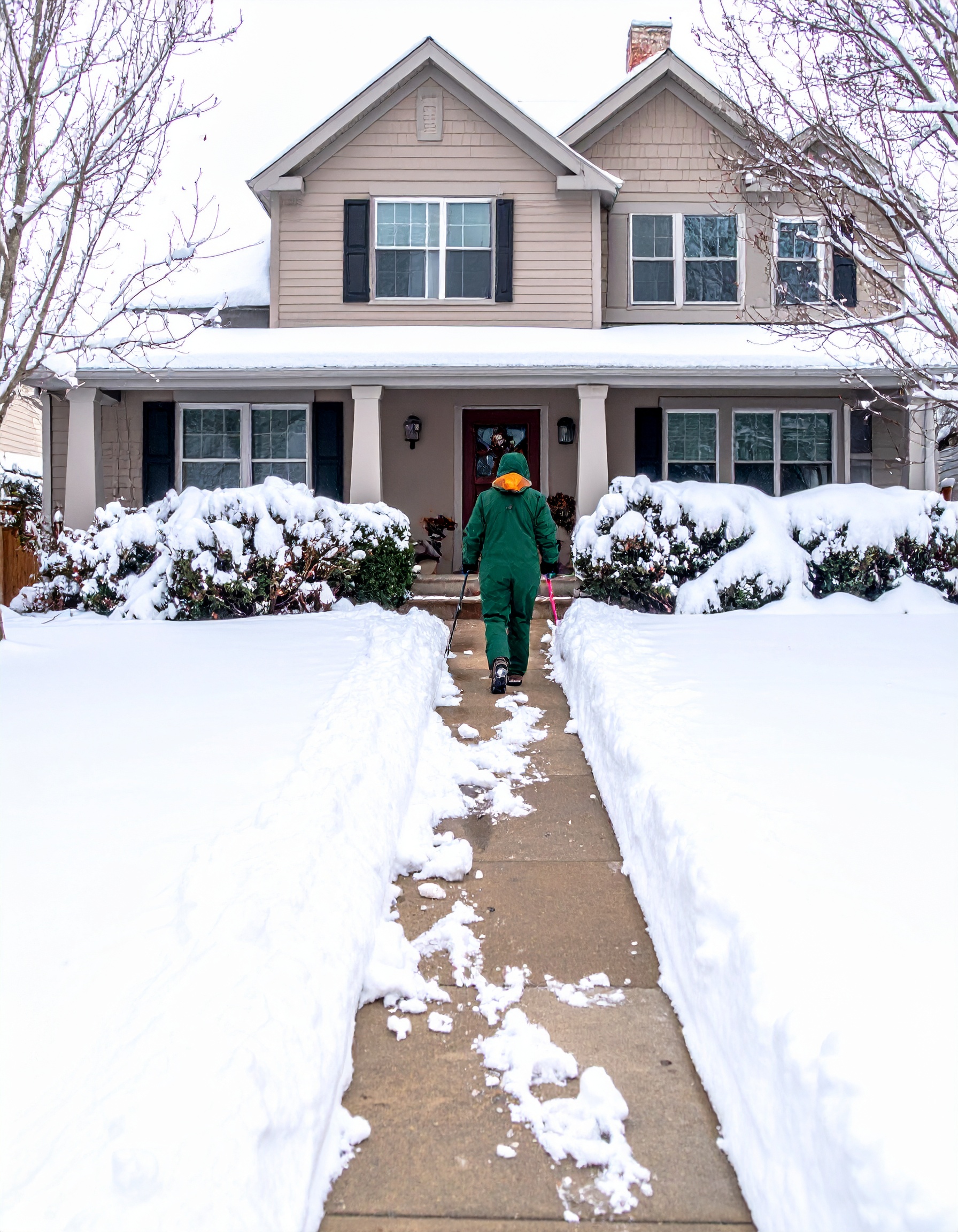 Firefly_A residential Chicago front yard during winter with light snow coverage. The driveway 536434