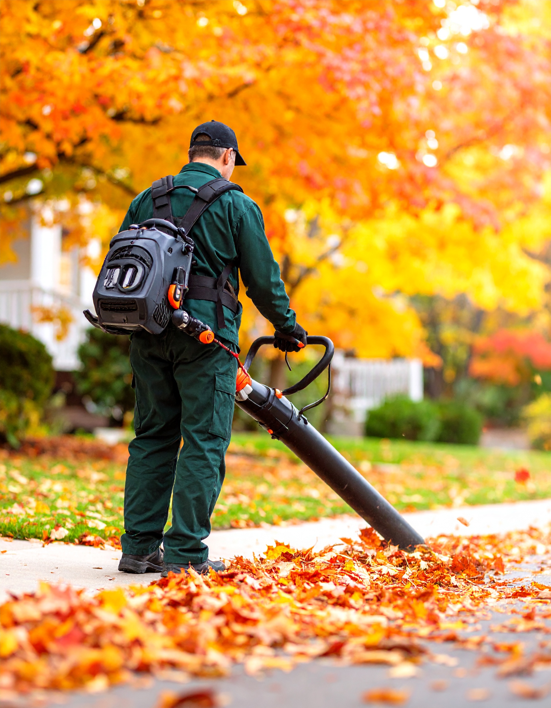 Firefly_A suburban Chicago front yard covered in colorful fall leaves. A landscaping worker i 426944