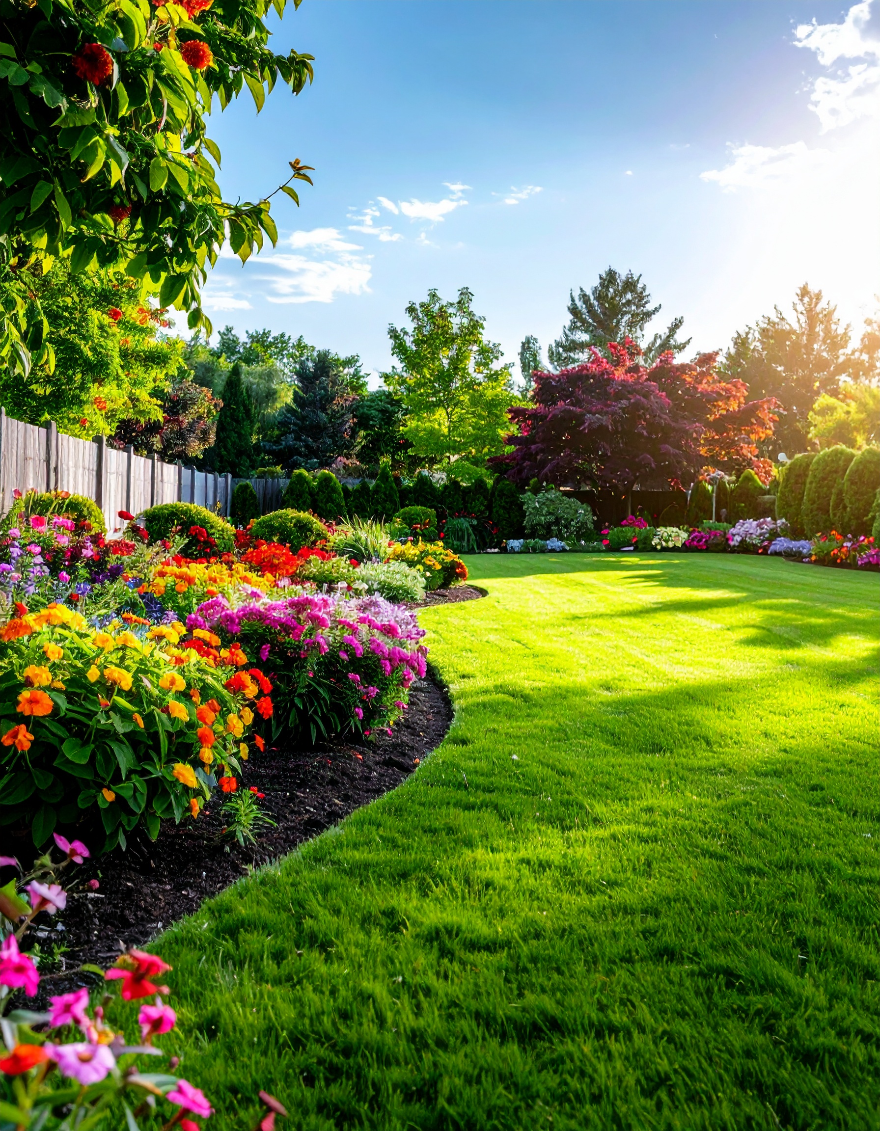 Firefly_A sunlit residential yard in Chicago during summer, showing a vibrant, well-maintaine 35777