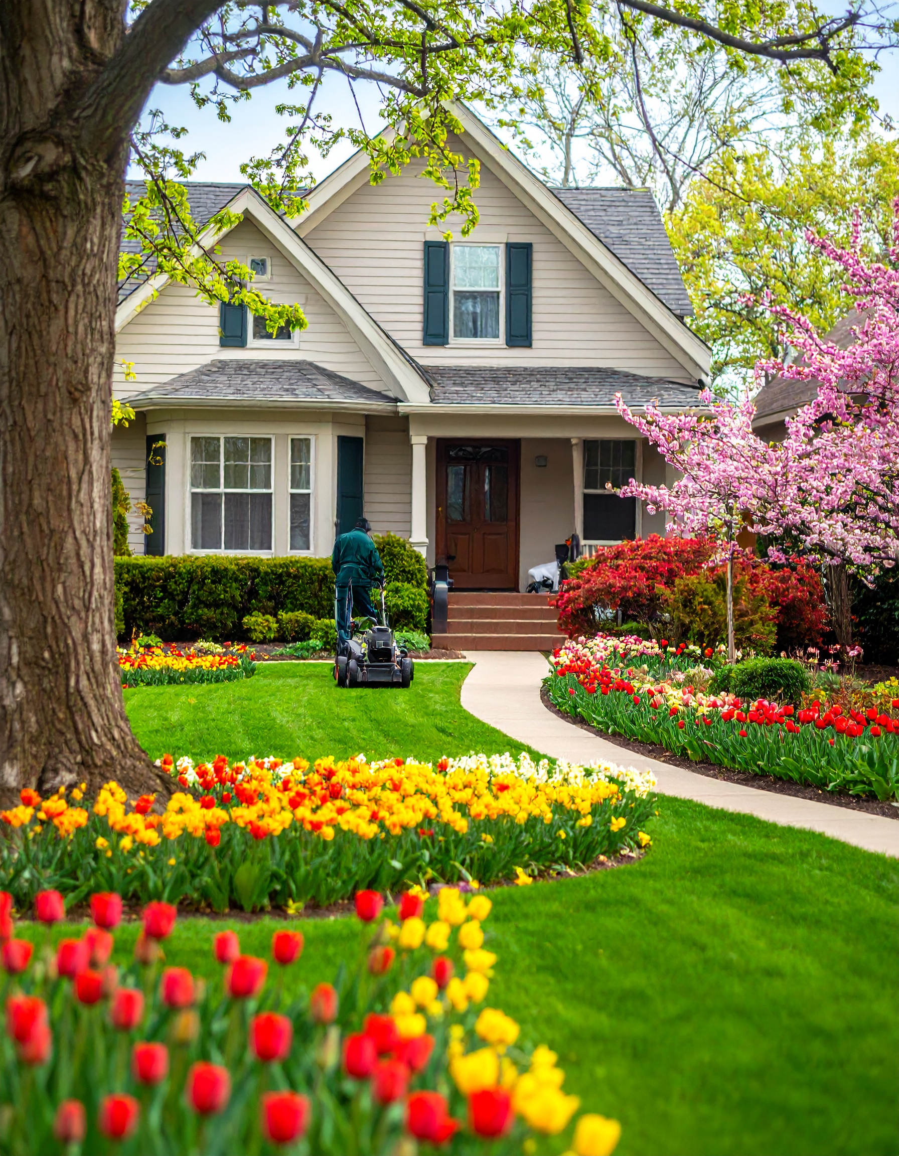 Firefly_Realistic landscape scene in a residential Chicago neighborhood during spring. Lush g 451740